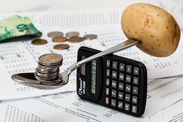Money and potato balanced on a calculator.
